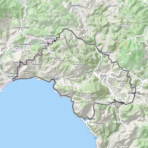 Map miniature of "Lauria to Casaletto Spartano" cycling inspiration in Basilicata, Italy. Generated by Tarmacs.app cycling route planner