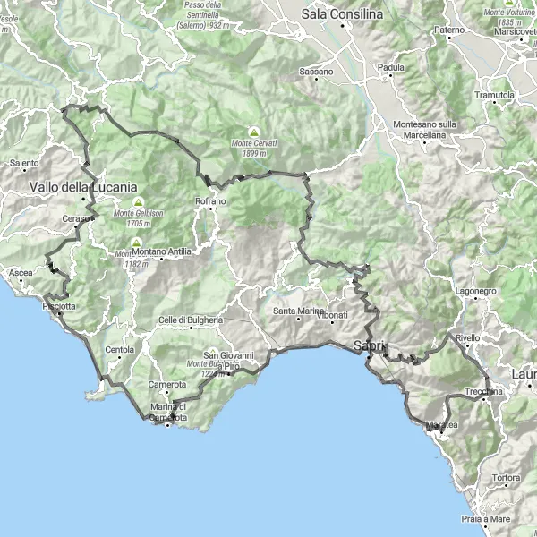 Map miniature of "Maratea Epic Loop" cycling inspiration in Basilicata, Italy. Generated by Tarmacs.app cycling route planner