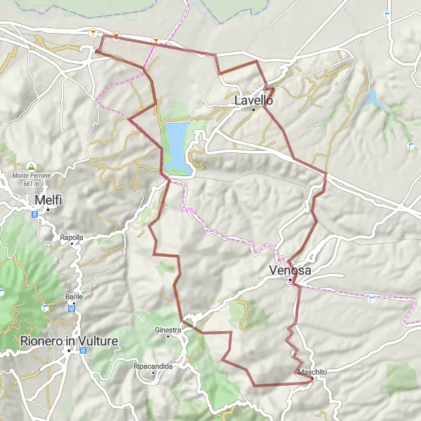 Map miniature of "Maschito Gravel Adventure" cycling inspiration in Basilicata, Italy. Generated by Tarmacs.app cycling route planner