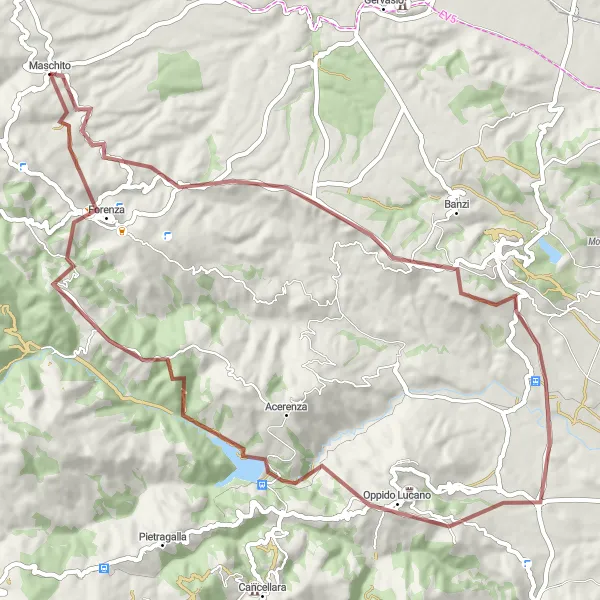 Miniatura della mappa di ispirazione al ciclismo "Viaggio in Gravel tra Maschito e Forenza" nella regione di Basilicata, Italy. Generata da Tarmacs.app, pianificatore di rotte ciclistiche