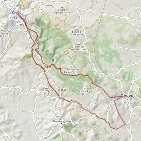 Miniatura della mappa di ispirazione al ciclismo "Giri in bicicletta a Gravel intorno a Matera" nella regione di Basilicata, Italy. Generata da Tarmacs.app, pianificatore di rotte ciclistiche