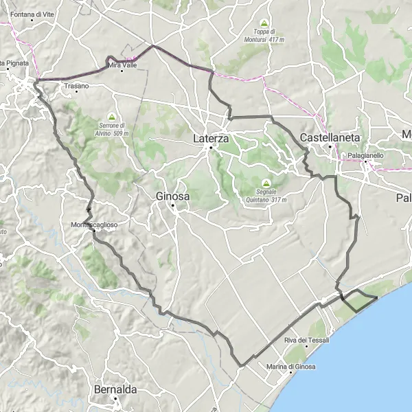 Map miniature of "Historic Charm and Panoramic Views" cycling inspiration in Basilicata, Italy. Generated by Tarmacs.app cycling route planner