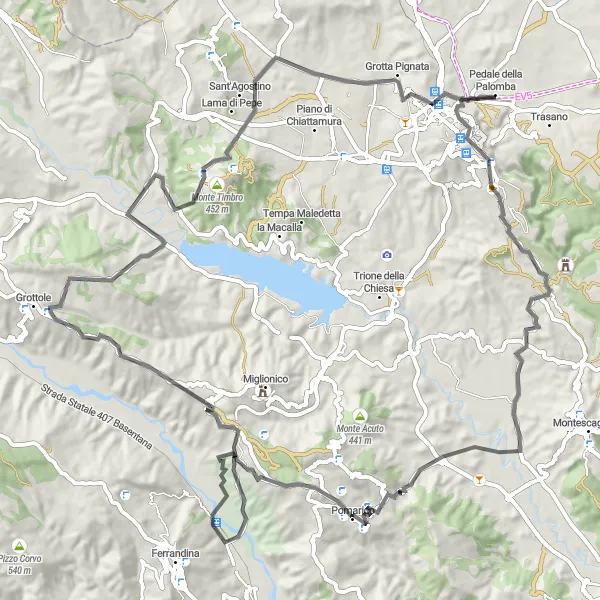 Map miniature of "Vibrant Landscapes and Rich History" cycling inspiration in Basilicata, Italy. Generated by Tarmacs.app cycling route planner