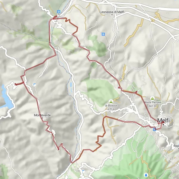 Miniatura della mappa di ispirazione al ciclismo "Giro in bicicletta da Melfi a Monteverde" nella regione di Basilicata, Italy. Generata da Tarmacs.app, pianificatore di rotte ciclistiche