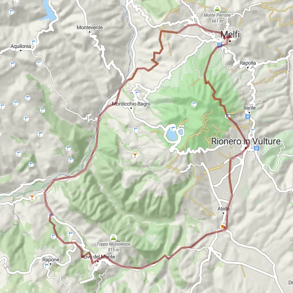 Miniatura della mappa di ispirazione al ciclismo "Scoperta dei Paesaggi del Vulture" nella regione di Basilicata, Italy. Generata da Tarmacs.app, pianificatore di rotte ciclistiche