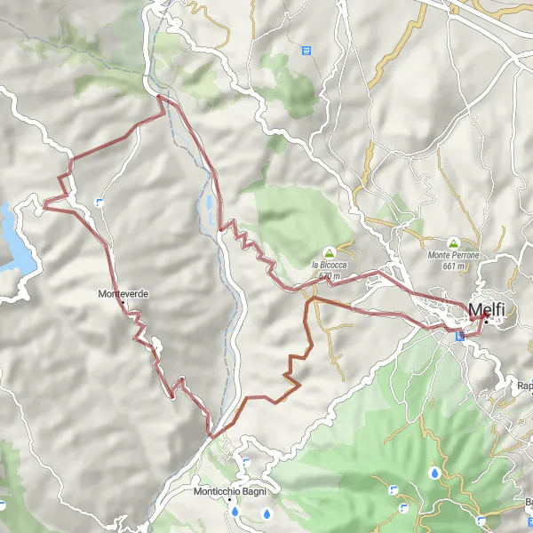 Miniatura della mappa di ispirazione al ciclismo "Esplorazione Naturale a Monteverde" nella regione di Basilicata, Italy. Generata da Tarmacs.app, pianificatore di rotte ciclistiche