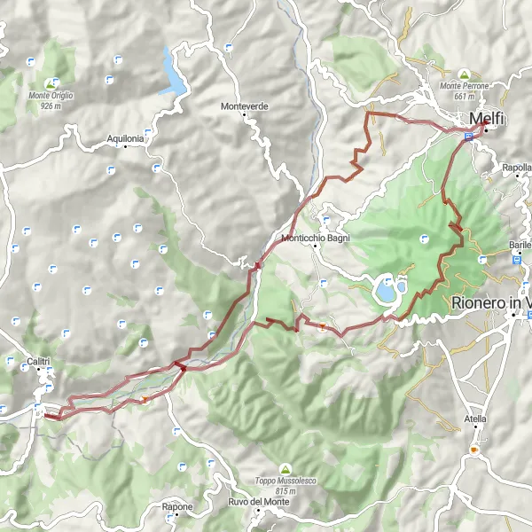 Miniatura della mappa di ispirazione al ciclismo "Giro in bicicletta da Melfi a Villa Vecchia attraverso il Monte Vulture" nella regione di Basilicata, Italy. Generata da Tarmacs.app, pianificatore di rotte ciclistiche