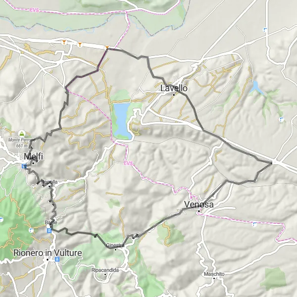 Map miniature of "Lavello and Abitazioni Rupestri Road Adventure" cycling inspiration in Basilicata, Italy. Generated by Tarmacs.app cycling route planner