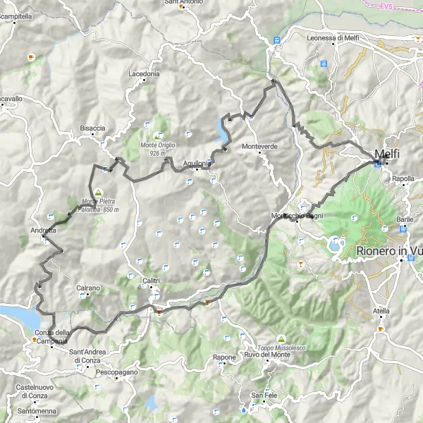 Miniatura della mappa di ispirazione al ciclismo "Giro in bicicletta da Melfi a Villa Vecchia" nella regione di Basilicata, Italy. Generata da Tarmacs.app, pianificatore di rotte ciclistiche