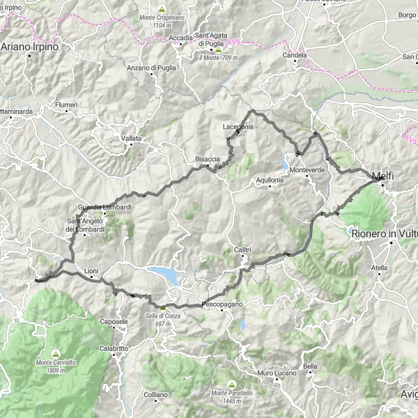 Miniatura della mappa di ispirazione al ciclismo "Giro in bicicletta da Melfi a la Bicocca attraverso il Monte Gugliano" nella regione di Basilicata, Italy. Generata da Tarmacs.app, pianificatore di rotte ciclistiche