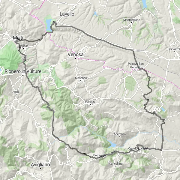 Map miniature of "The Vulture Grand Tour" cycling inspiration in Basilicata, Italy. Generated by Tarmacs.app cycling route planner