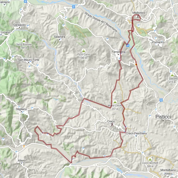 Map miniature of "Gravel Wilderness" cycling inspiration in Basilicata, Italy. Generated by Tarmacs.app cycling route planner