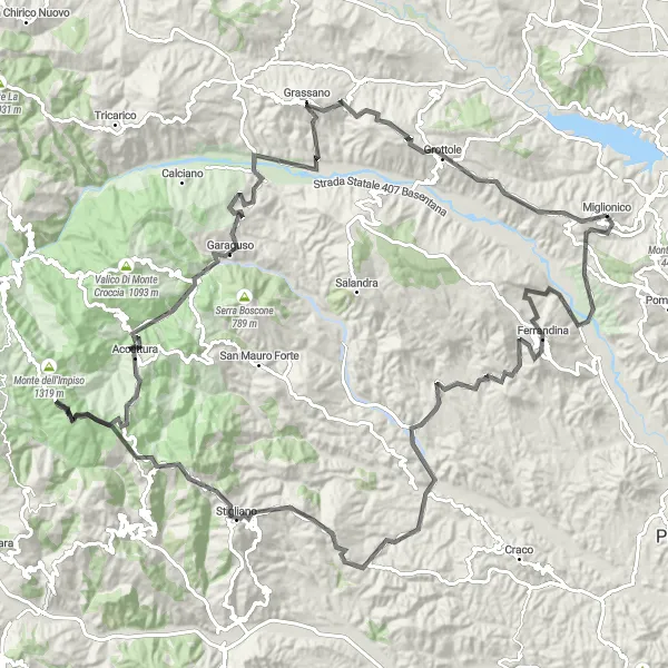 Map miniature of "Miglionico to Grottole" cycling inspiration in Basilicata, Italy. Generated by Tarmacs.app cycling route planner