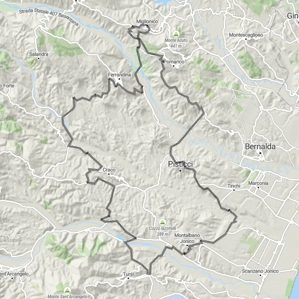 Miniatura della mappa di ispirazione al ciclismo "Alla Scoperta dei Paesaggi Mistiche di Basilicata" nella regione di Basilicata, Italy. Generata da Tarmacs.app, pianificatore di rotte ciclistiche