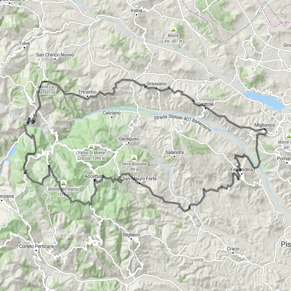 Miniatura della mappa di ispirazione al ciclismo "Percorso ciclabile da Miglionico a Grottole" nella regione di Basilicata, Italy. Generata da Tarmacs.app, pianificatore di rotte ciclistiche