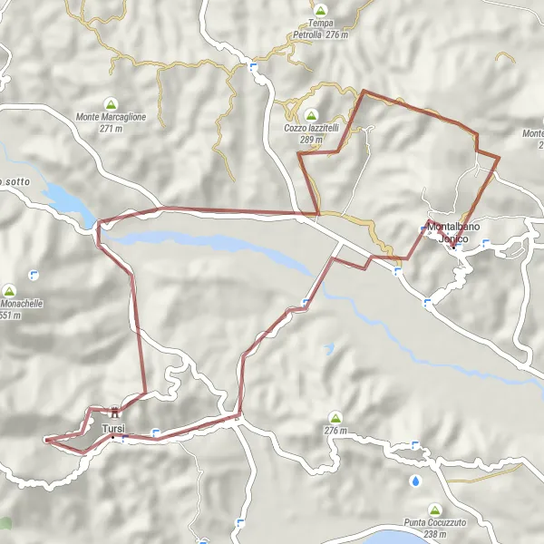 Miniatura della mappa di ispirazione al ciclismo "Avventura in mountain bike tra Belvedere e Tursi" nella regione di Basilicata, Italy. Generata da Tarmacs.app, pianificatore di rotte ciclistiche