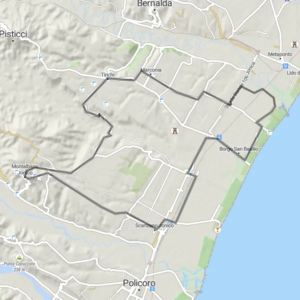 Miniatura della mappa di ispirazione al ciclismo "Giro in bicicletta da Montalbano Jonico" nella regione di Basilicata, Italy. Generata da Tarmacs.app, pianificatore di rotte ciclistiche