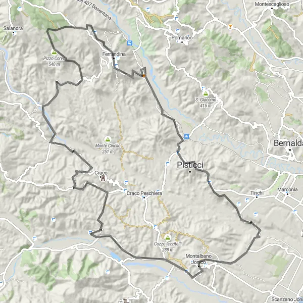 Miniatura della mappa di ispirazione al ciclismo "Viaggio in bicicletta su strada partendo da Montalbano Jonico" nella regione di Basilicata, Italy. Generata da Tarmacs.app, pianificatore di rotte ciclistiche