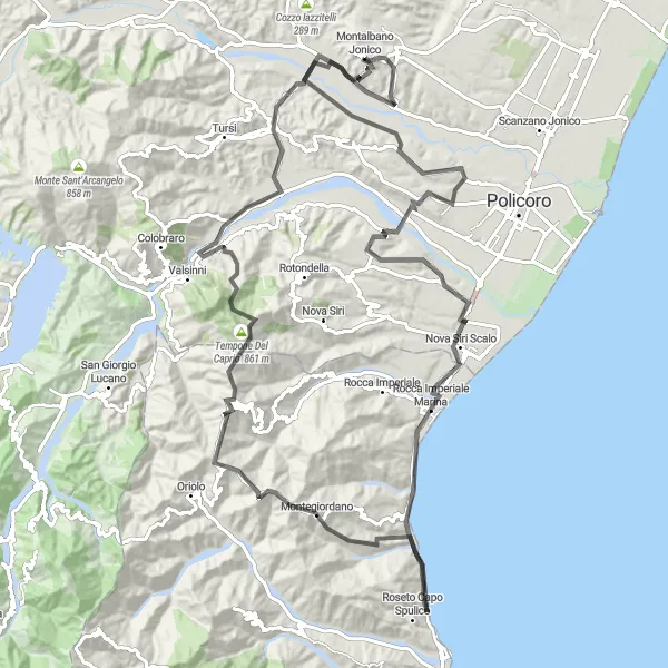 Miniatura della mappa di ispirazione al ciclismo "Tour panoramico tra Montalbano Jonico e Rocca Imperiale Marina" nella regione di Basilicata, Italy. Generata da Tarmacs.app, pianificatore di rotte ciclistiche