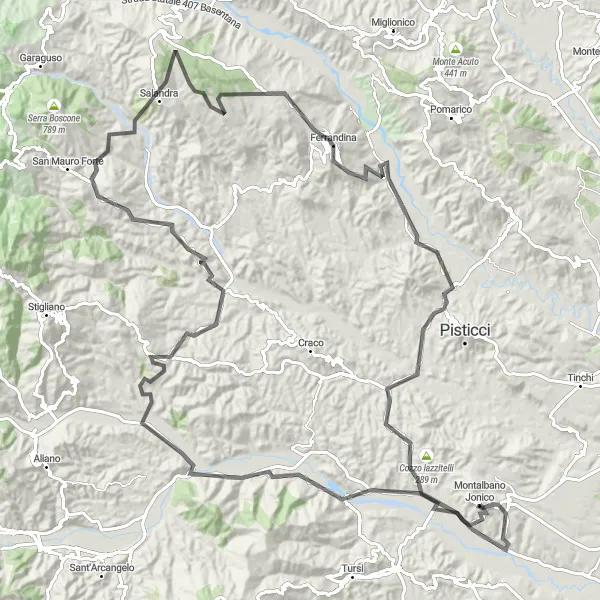 Miniatura della mappa di ispirazione al ciclismo "Tour in bicicletta su strada nei dintorni di Montalbano Jonico" nella regione di Basilicata, Italy. Generata da Tarmacs.app, pianificatore di rotte ciclistiche