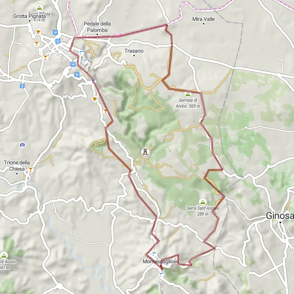 Map miniature of "Gravel Route: Montescaglioso to Serra di Monsignore" cycling inspiration in Basilicata, Italy. Generated by Tarmacs.app cycling route planner