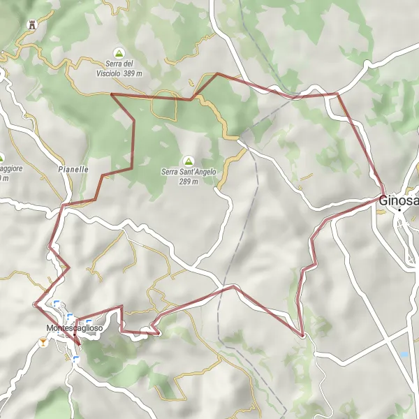 Map miniature of "Gravel Route: Montescaglioso to Ginosa" cycling inspiration in Basilicata, Italy. Generated by Tarmacs.app cycling route planner
