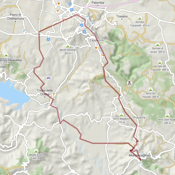 Miniatura della mappa di ispirazione al ciclismo "Giro in bicicletta da Montescaglioso alle Sassi di Matera" nella regione di Basilicata, Italy. Generata da Tarmacs.app, pianificatore di rotte ciclistiche