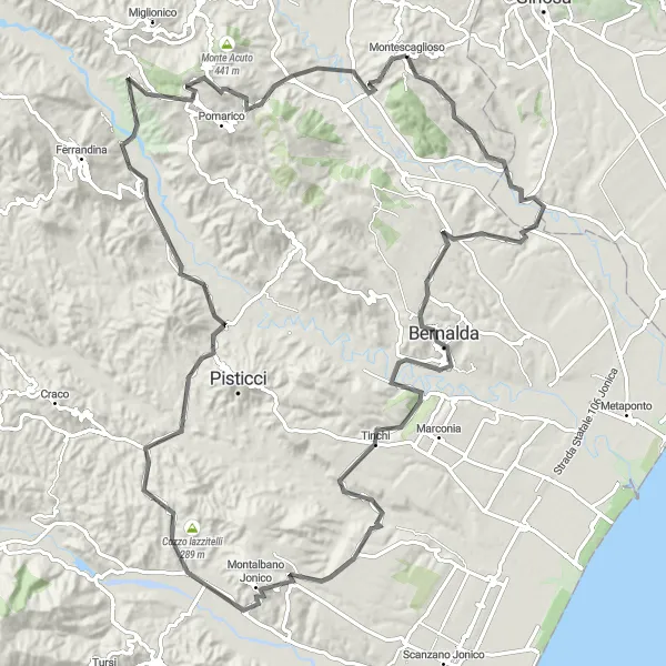 Map miniature of "Road Route: Bernalda to Serra Canneto" cycling inspiration in Basilicata, Italy. Generated by Tarmacs.app cycling route planner