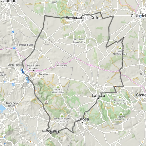 Miniatura della mappa di ispirazione al ciclismo "Tour in bicicletta tra Castello Tramontano e Ginosa" nella regione di Basilicata, Italy. Generata da Tarmacs.app, pianificatore di rotte ciclistiche