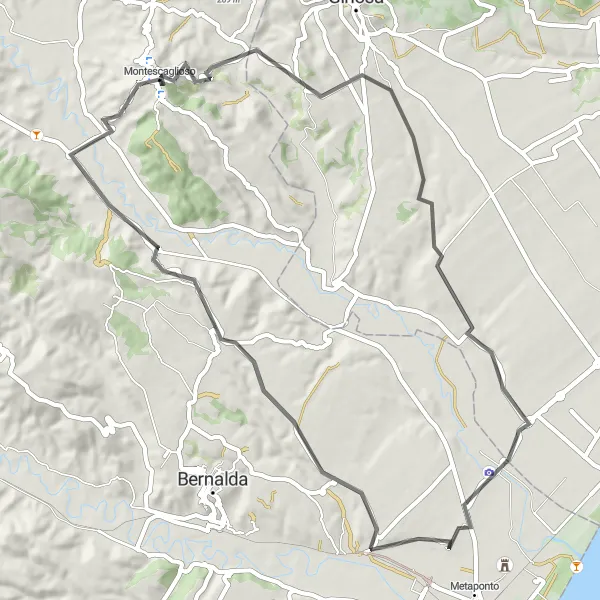 Map miniature of "St Angelo Tour and Tavole Palatine" cycling inspiration in Basilicata, Italy. Generated by Tarmacs.app cycling route planner