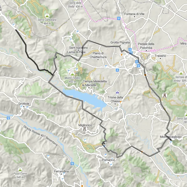 Map miniature of "Challenging Ride to Belvedere and Materion" cycling inspiration in Basilicata, Italy. Generated by Tarmacs.app cycling route planner