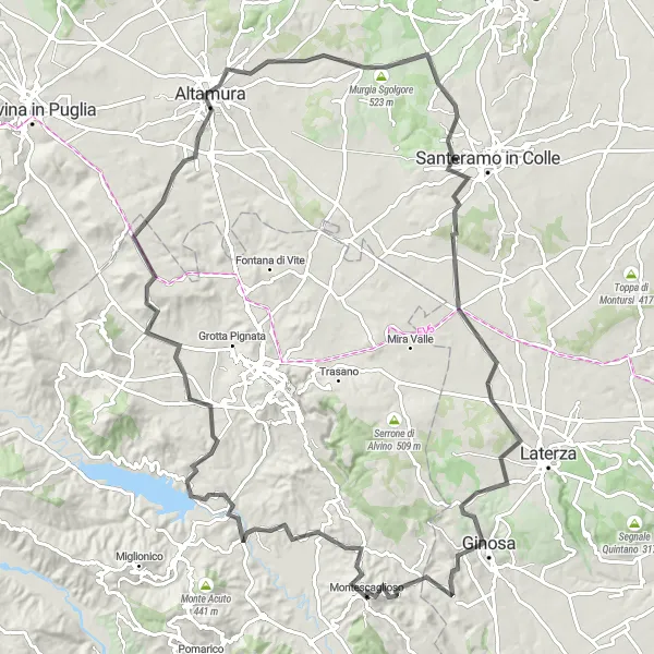 Miniatura della mappa di ispirazione al ciclismo "Giro in bici da Montescaglioso a Altamura" nella regione di Basilicata, Italy. Generata da Tarmacs.app, pianificatore di rotte ciclistiche