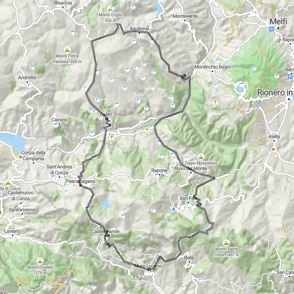 Miniatura della mappa di ispirazione al ciclismo "Tour panoramico di Muro Lucano" nella regione di Basilicata, Italy. Generata da Tarmacs.app, pianificatore di rotte ciclistiche