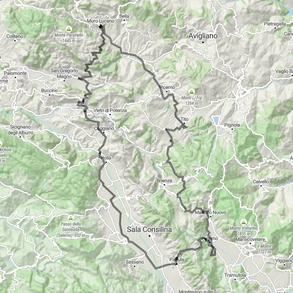 Miniatura della mappa di ispirazione al ciclismo "Avventura Montuosa di Muro Lucano" nella regione di Basilicata, Italy. Generata da Tarmacs.app, pianificatore di rotte ciclistiche