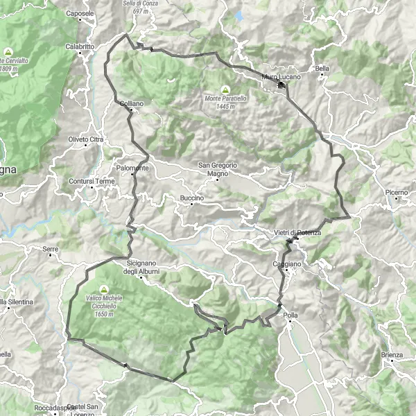 Miniatura della mappa di ispirazione al ciclismo "Il Grande Giro del Sud" nella regione di Basilicata, Italy. Generata da Tarmacs.app, pianificatore di rotte ciclistiche