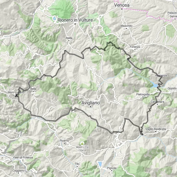 Miniatura della mappa di ispirazione al ciclismo "Tour Epico di Muro Lucano" nella regione di Basilicata, Italy. Generata da Tarmacs.app, pianificatore di rotte ciclistiche