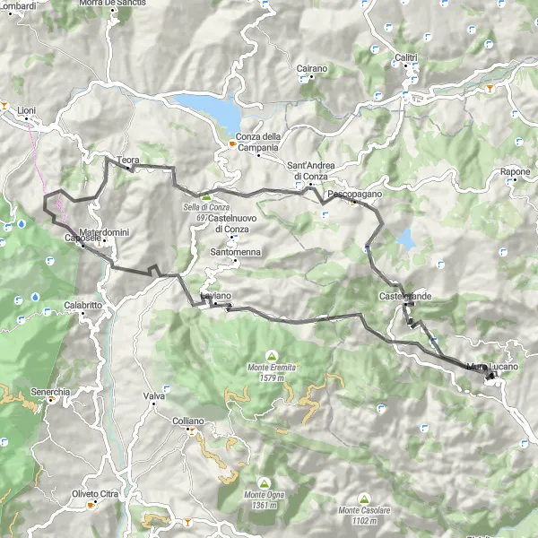 Miniatura della mappa di ispirazione al ciclismo "Panorami mozzafiato tra Castelgrande e Laviano" nella regione di Basilicata, Italy. Generata da Tarmacs.app, pianificatore di rotte ciclistiche