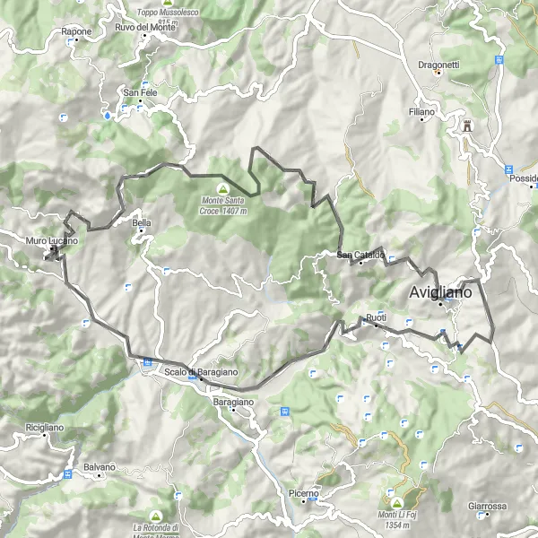 Map miniature of "Scenic Road Cycling Adventure around Muro Lucano" cycling inspiration in Basilicata, Italy. Generated by Tarmacs.app cycling route planner