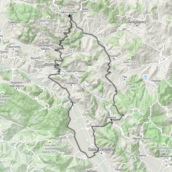 Miniatura della mappa di ispirazione al ciclismo "Giro Scenic di Muro Lucano" nella regione di Basilicata, Italy. Generata da Tarmacs.app, pianificatore di rotte ciclistiche