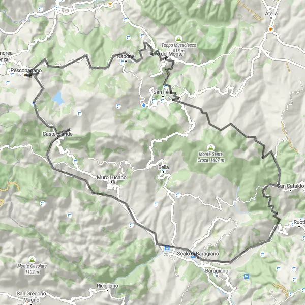 Map miniature of "Peaks and Valleys" cycling inspiration in Basilicata, Italy. Generated by Tarmacs.app cycling route planner