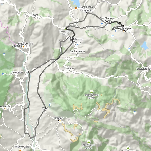 Map miniature of "Under the Saddle of History" cycling inspiration in Basilicata, Italy. Generated by Tarmacs.app cycling route planner