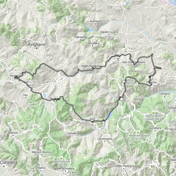 Map miniature of "Picerno to Tricarico Excursion" cycling inspiration in Basilicata, Italy. Generated by Tarmacs.app cycling route planner