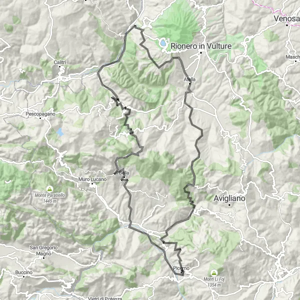 Miniatura della mappa di ispirazione al ciclismo "Giro panoramico da Picerno a Serra del Fennone" nella regione di Basilicata, Italy. Generata da Tarmacs.app, pianificatore di rotte ciclistiche