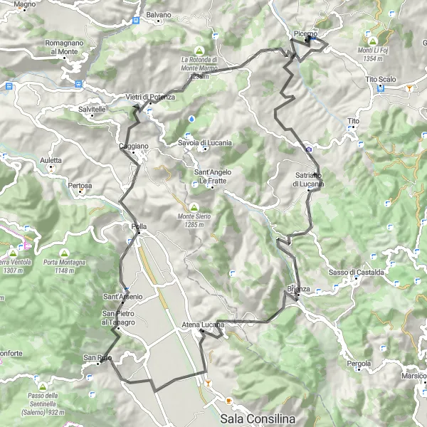 Miniatura della mappa di ispirazione al ciclismo "Giro in bicicletta tra Picerno e Toppo del Casino" nella regione di Basilicata, Italy. Generata da Tarmacs.app, pianificatore di rotte ciclistiche