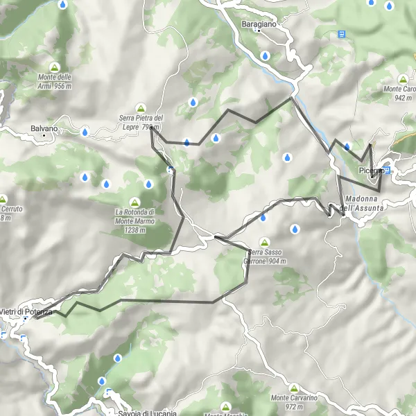Map miniature of "Picerno Short Ride" cycling inspiration in Basilicata, Italy. Generated by Tarmacs.app cycling route planner