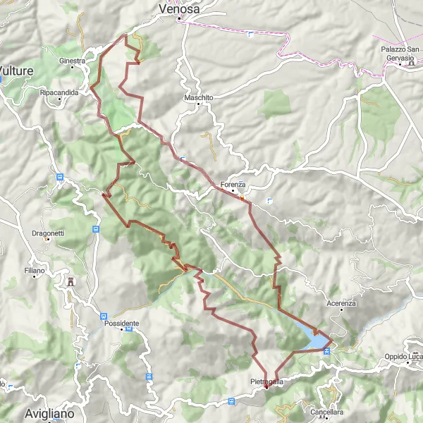 Miniatura della mappa di ispirazione al ciclismo "Percorso Gravel Pietragalla - Forenza - Palazzo Ducale" nella regione di Basilicata, Italy. Generata da Tarmacs.app, pianificatore di rotte ciclistiche