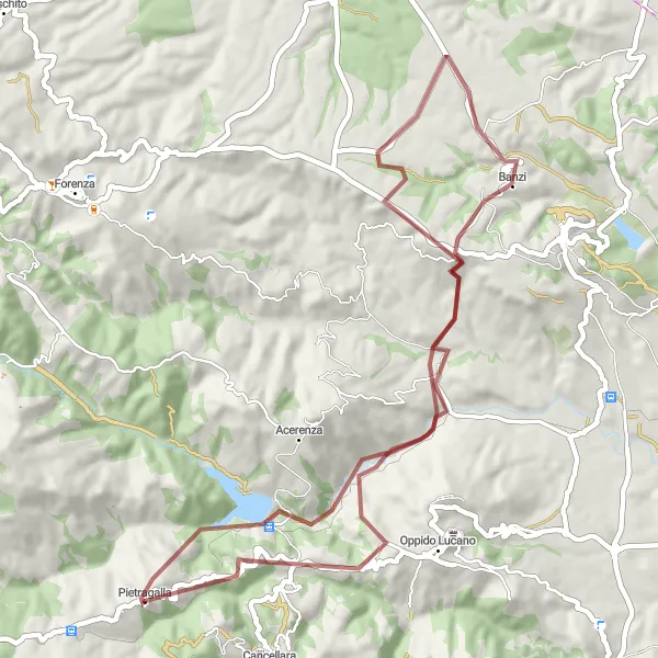 Miniatura della mappa di ispirazione al ciclismo "Giro Gravel da Pietragalla a Banzi e Palazzo Ducale" nella regione di Basilicata, Italy. Generata da Tarmacs.app, pianificatore di rotte ciclistiche