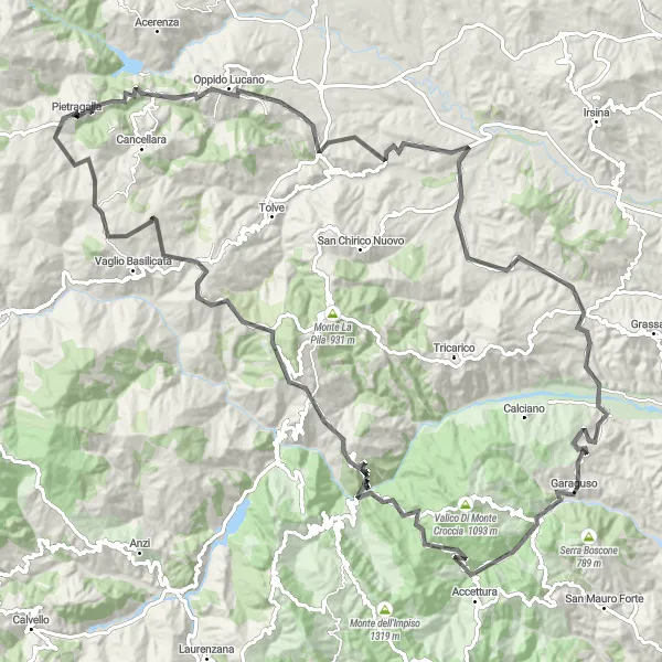 Miniatura della mappa di ispirazione al ciclismo "Sfida in bici su strada da Pietragalla a Palazzo Ducale" nella regione di Basilicata, Italy. Generata da Tarmacs.app, pianificatore di rotte ciclistiche