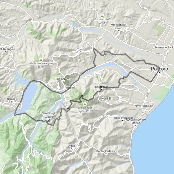Miniatura della mappa di ispirazione al ciclismo "Tra Rotondella e San Giorgio Lucano" nella regione di Basilicata, Italy. Generata da Tarmacs.app, pianificatore di rotte ciclistiche