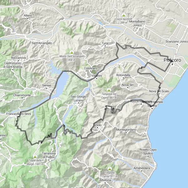 Miniatura della mappa di ispirazione al ciclismo "Esplora Rocca Imperiale e Nocara" nella regione di Basilicata, Italy. Generata da Tarmacs.app, pianificatore di rotte ciclistiche
